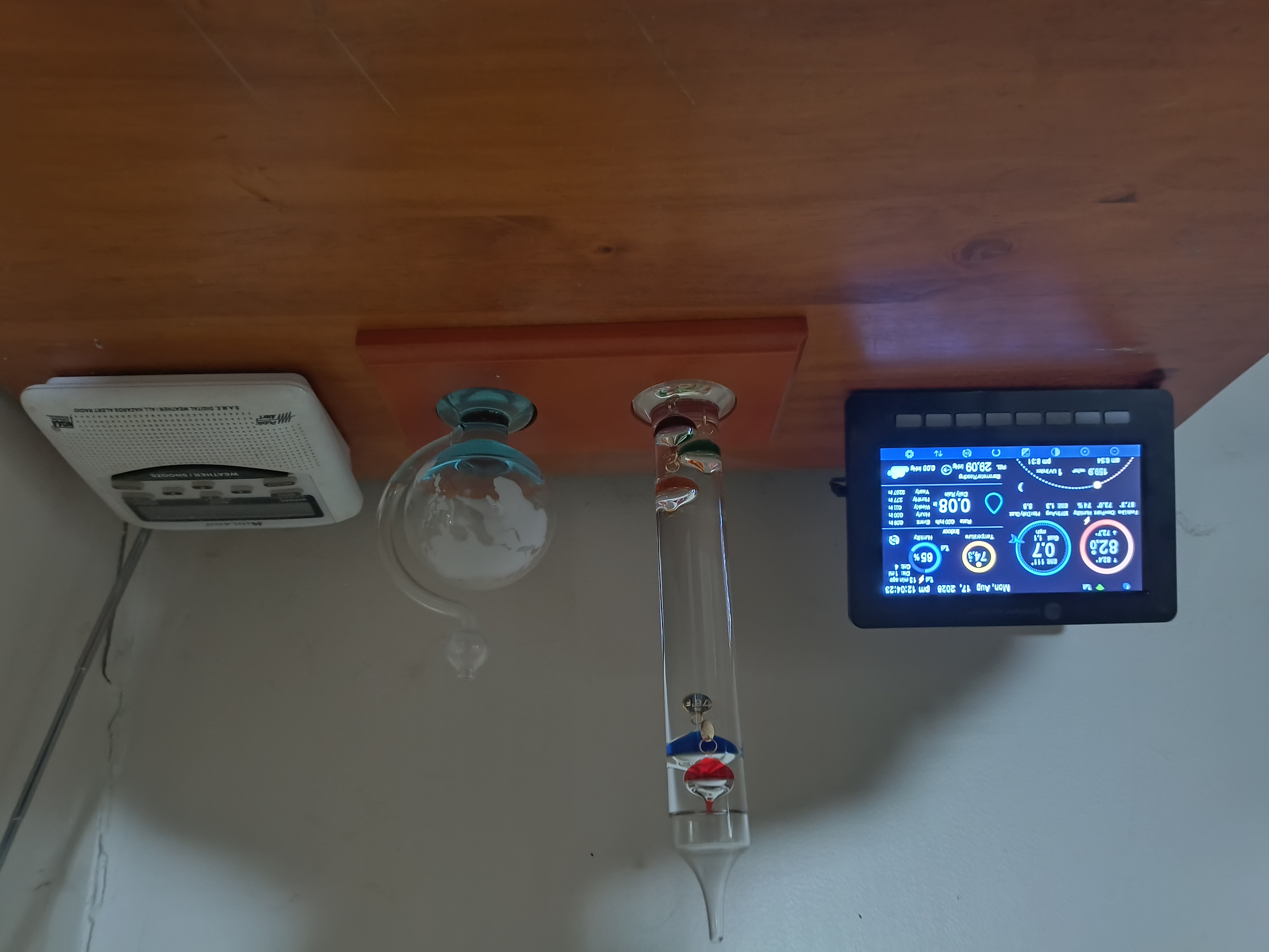 A blend of old and new weather instruments set up indoors